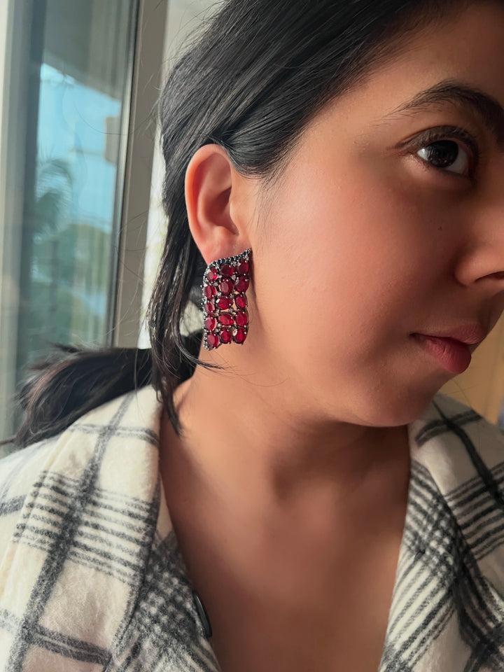 Ruby Red Doublet Stone Stud Earrings, Winged Statement Earrings