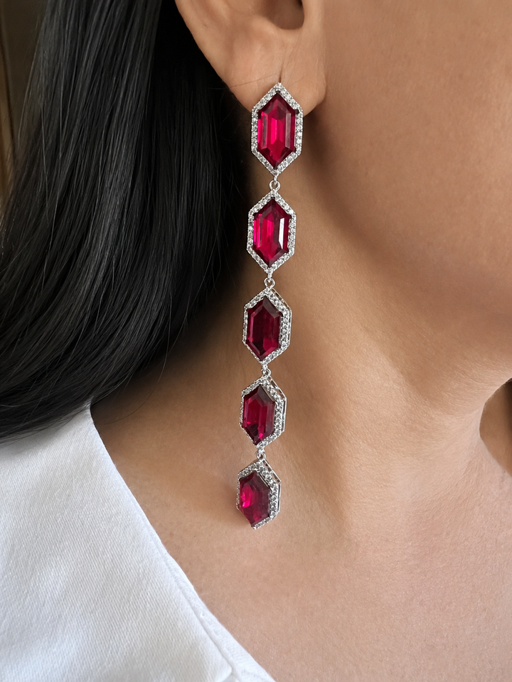 Crimson Red Crystal Linear Dangle Earrings