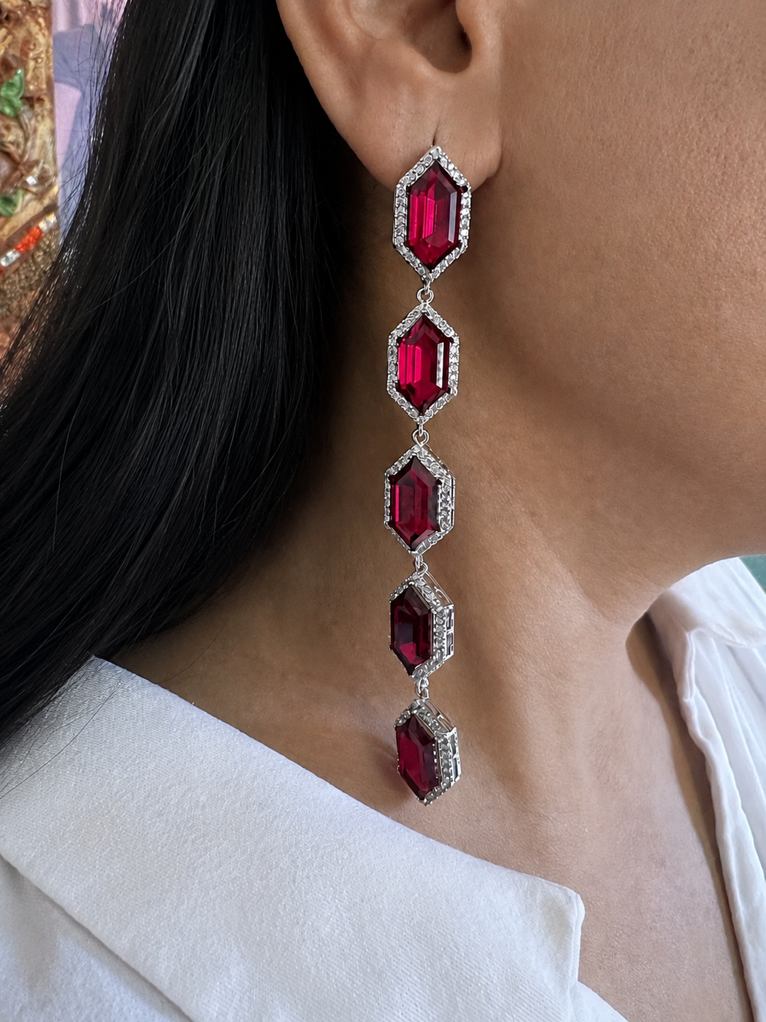 Crimson Red Crystal Linear Dangle Earrings