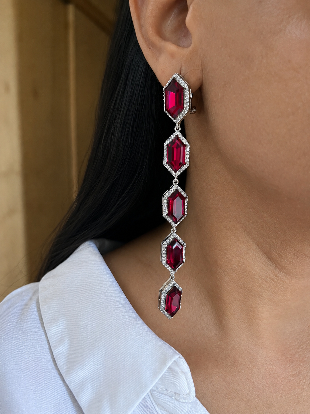 Crimson Red Crystal Linear Dangle Earrings