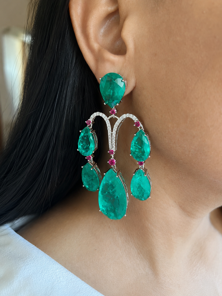 Premium Emerald Green Doublet Stone Chandelier Earrings