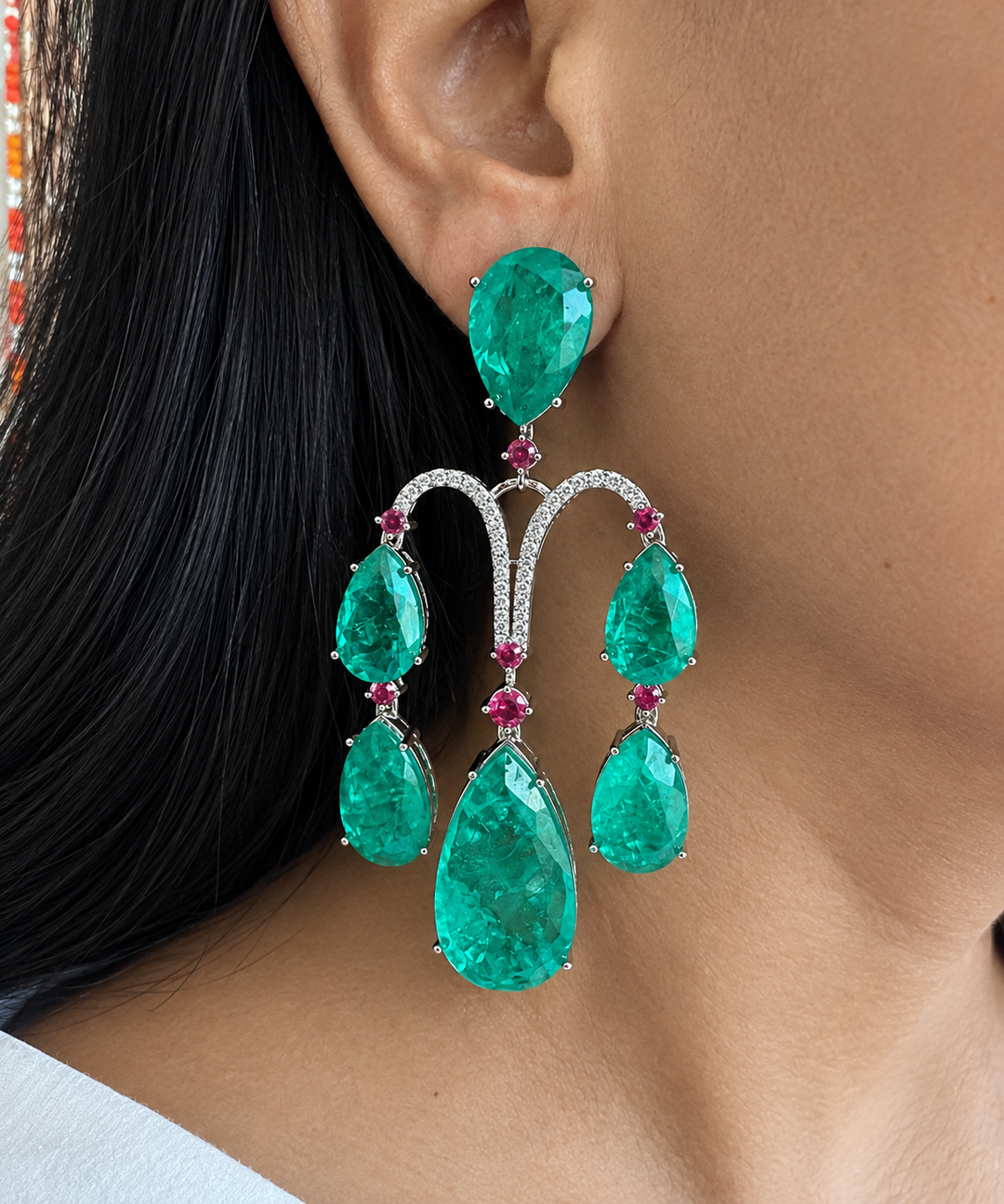 Premium Emerald Green Doublet Stone Chandelier Earrings