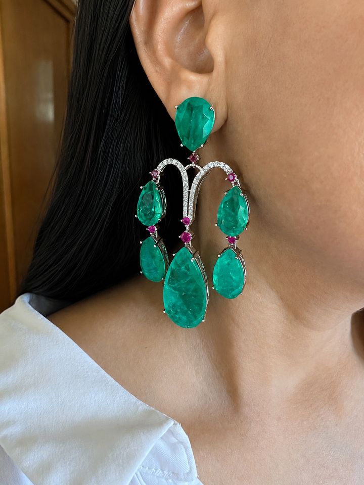 Premium Emerald Green Doublet Stone Chandelier Earrings