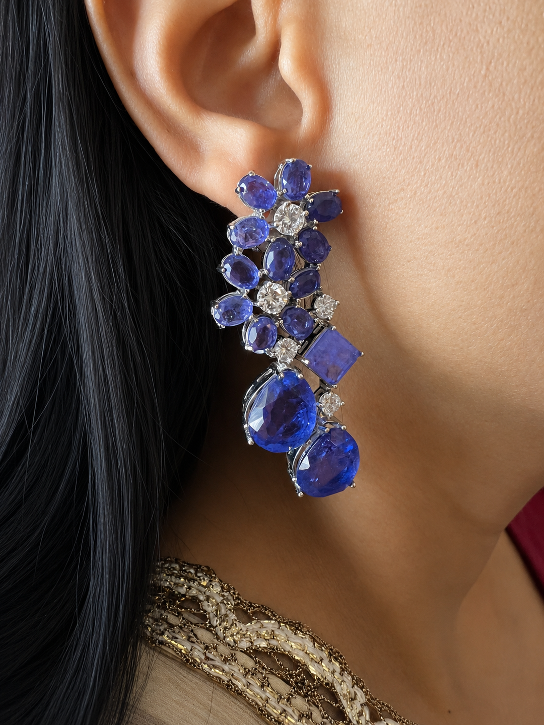 Tanzanite Blue Doublet Stone Statement Earrings