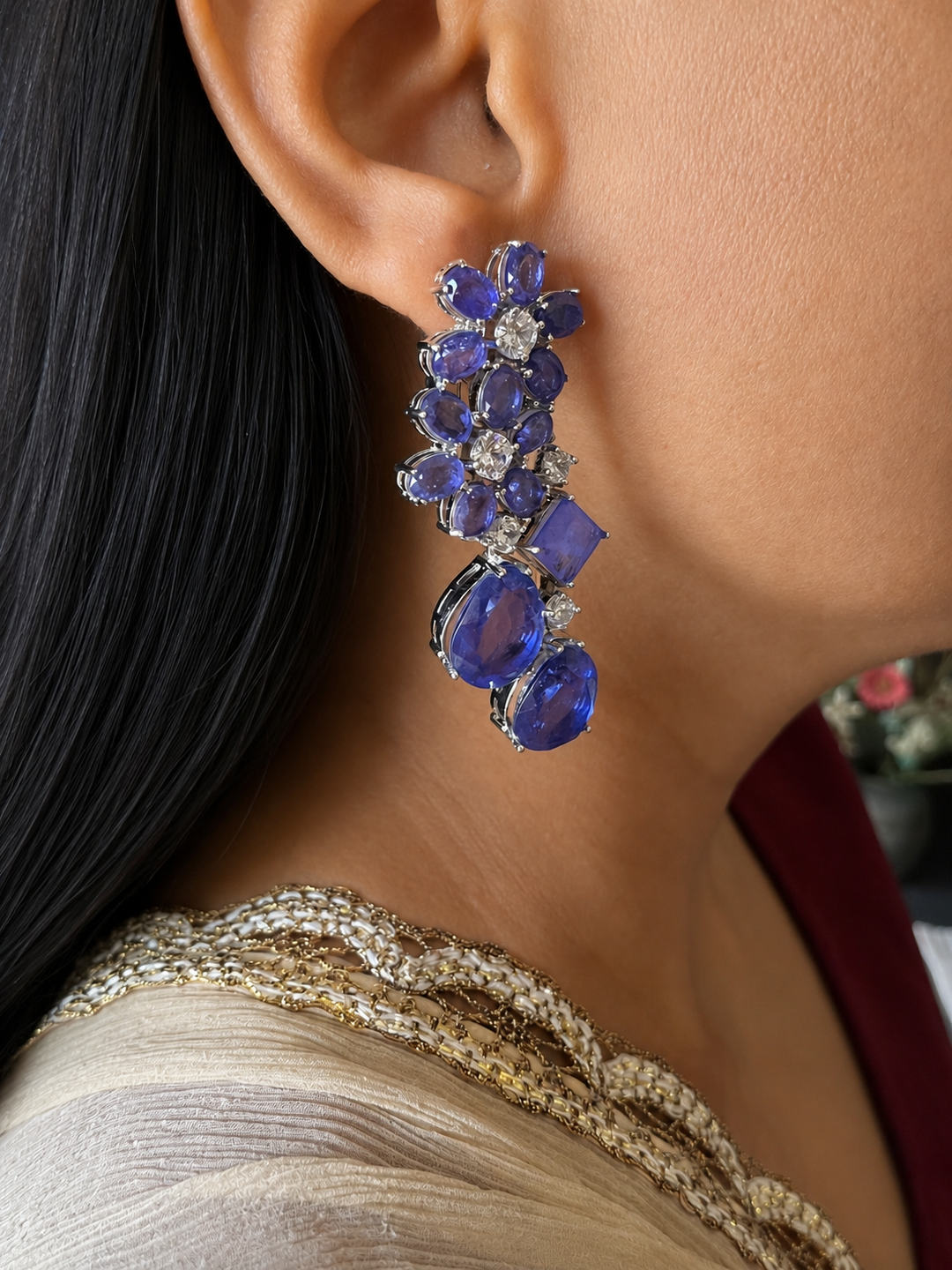 Tanzanite Blue Doublet Stone Statement Earrings