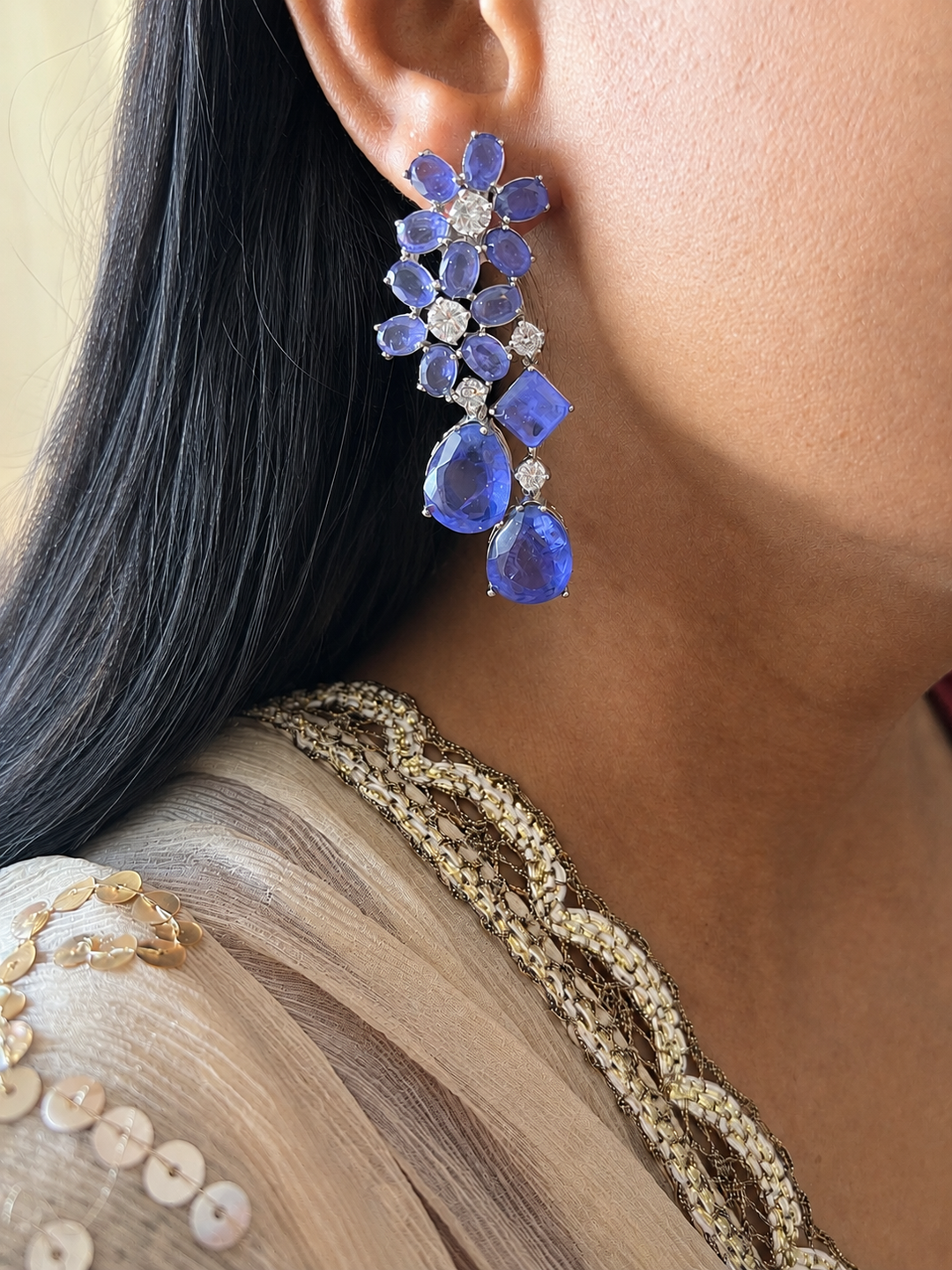 Tanzanite Blue Doublet Stone Statement Earrings