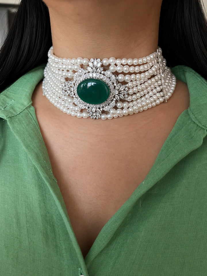 Green Onyx Pearl Choker Necklace Set with Matching Studs