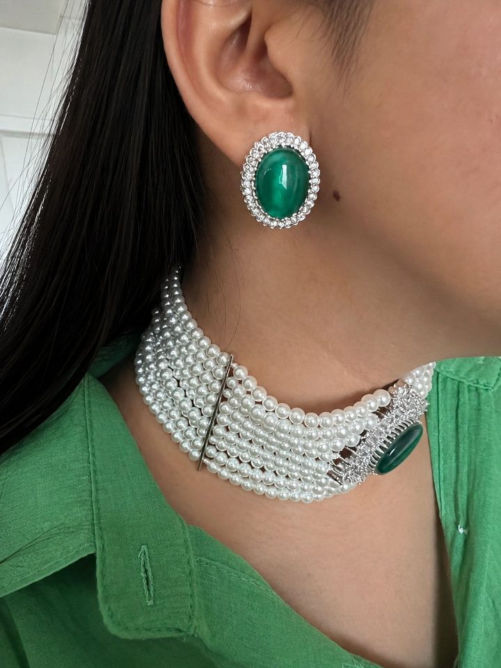Green Onyx Pearl Choker Necklace Set with Matching Studs
