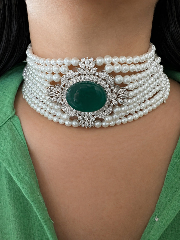 Green Onyx Pearl Choker Necklace Set with Matching Studs