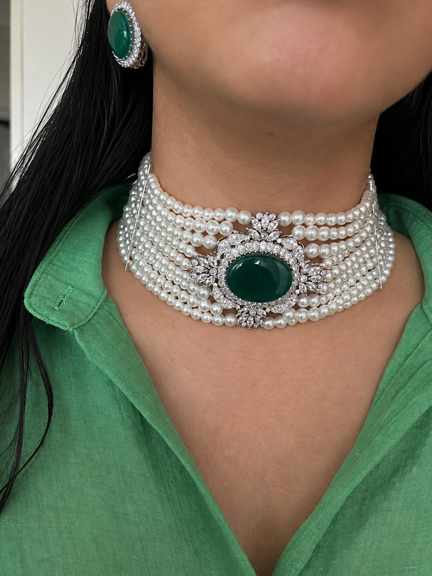 Green Onyx Pearl Choker Necklace Set with Matching Studs