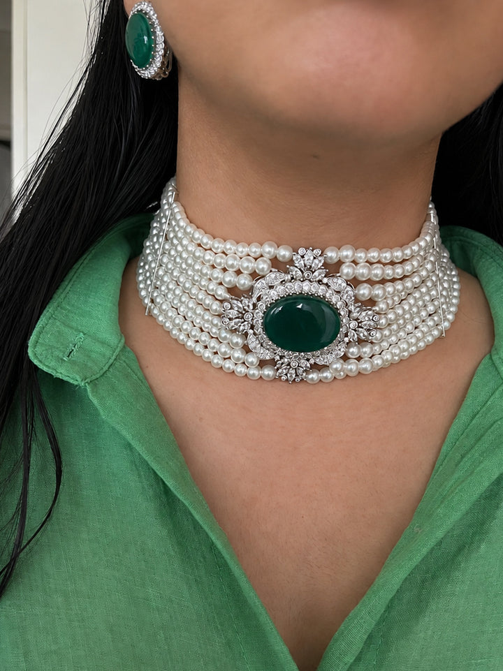 Green Onyx Pearl Choker Necklace Set with Matching Studs