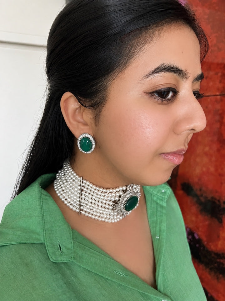 Green Onyx Pearl Choker Necklace Set with Matching Studs