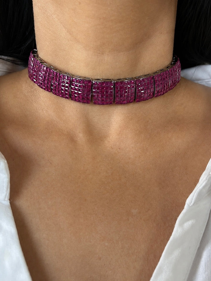 Fuchsia Pink Studded Crystal Choker & Matching Earrings Set