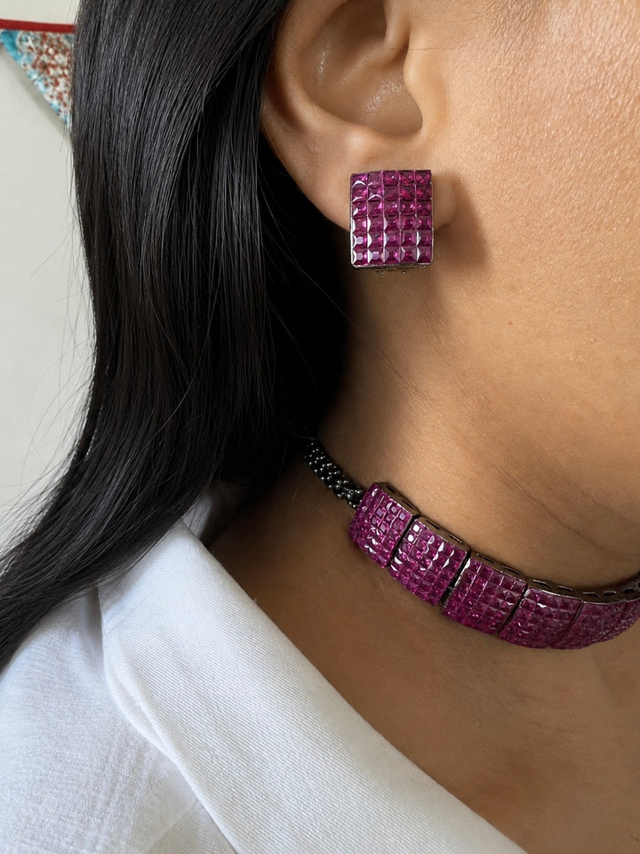 Fuchsia Pink Studded Crystal Choker & Matching Earrings Set