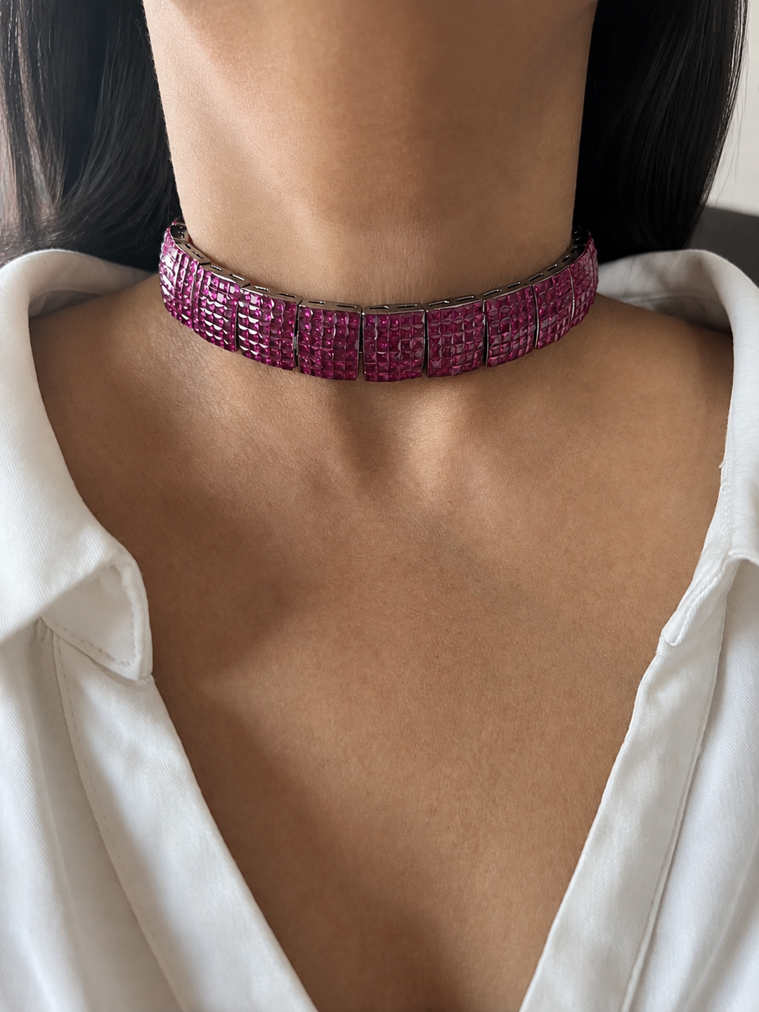 Fuchsia Pink Studded Crystal Choker & Matching Earrings Set