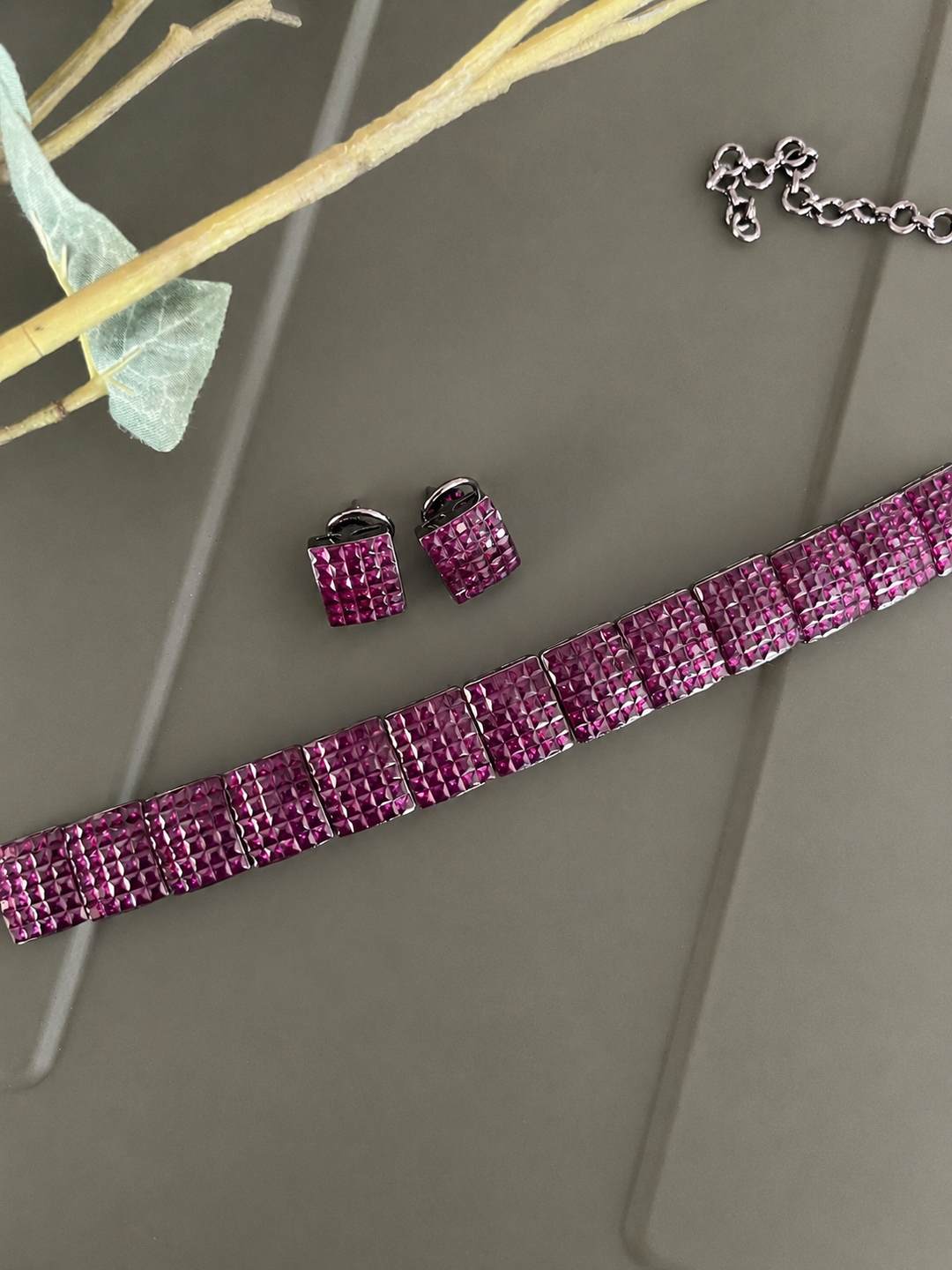 Fuchsia Pink Studded Crystal Choker & Matching Earrings Set