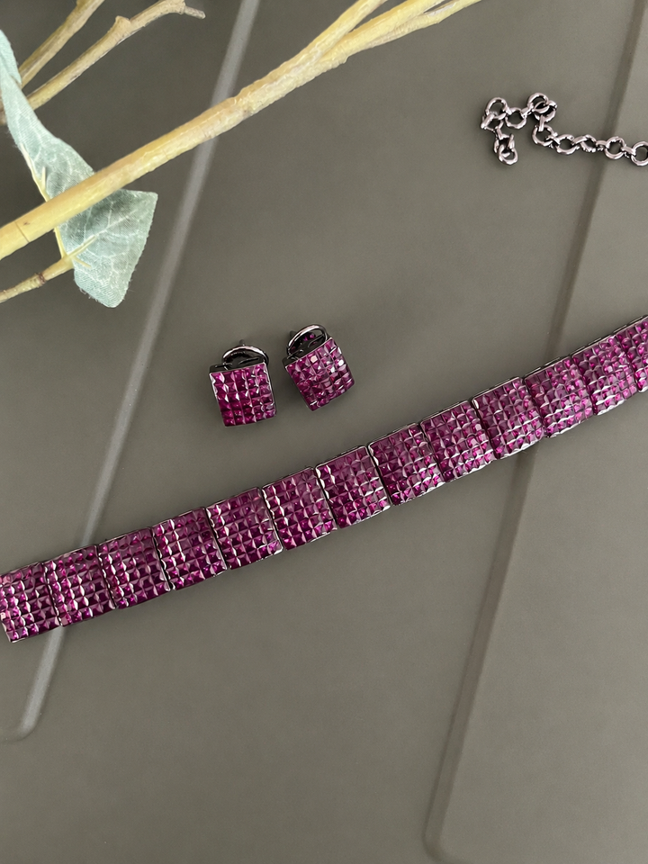 Fuchsia Pink Studded Crystal Choker & Matching Earrings Set