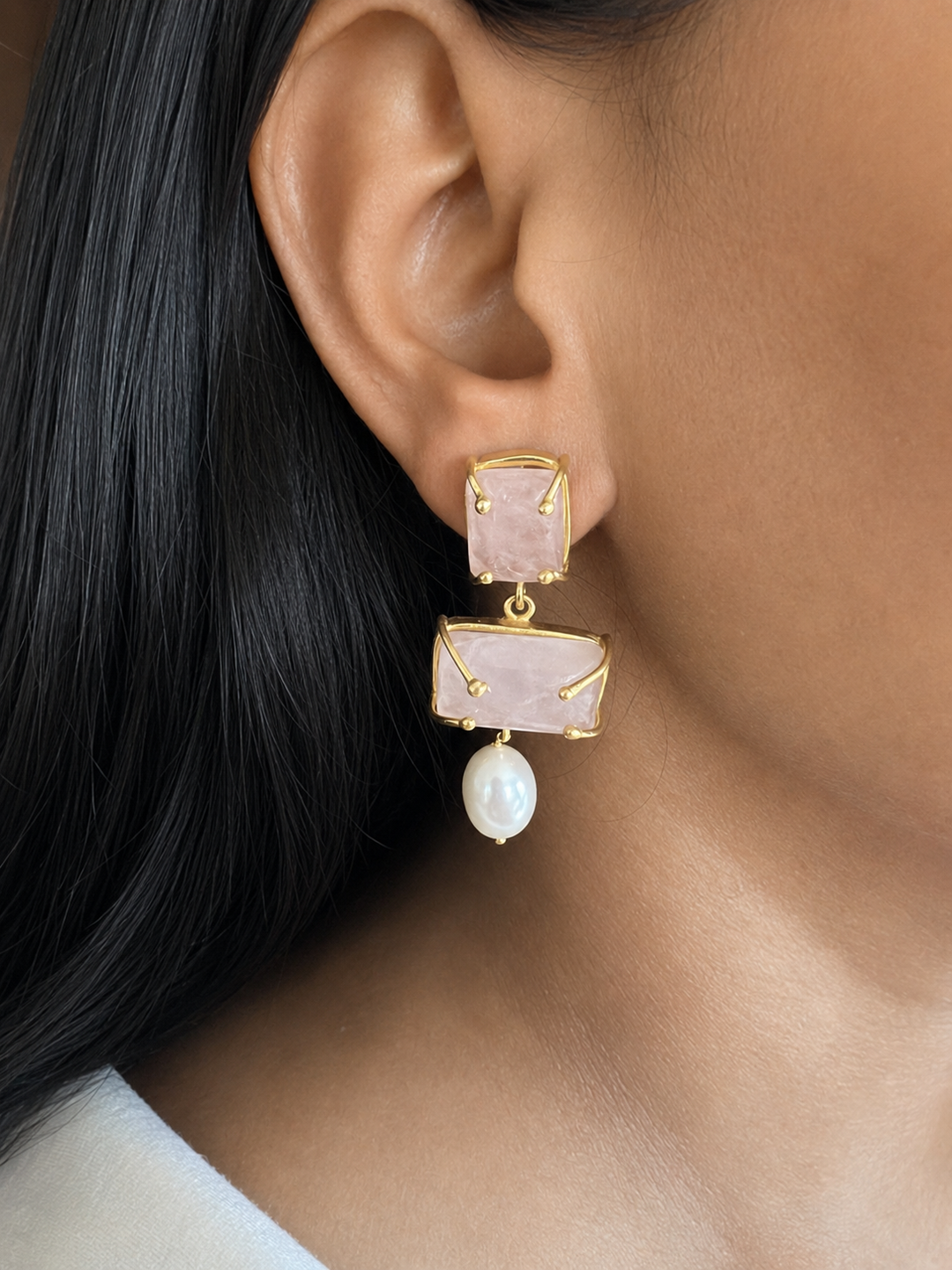 Rose Quartz Pearl Earrings – Gold Plated Brass, Dangle Drop