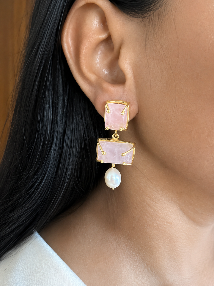 Rose Quartz Pearl Earrings – Gold Plated Brass, Dangle Drop
