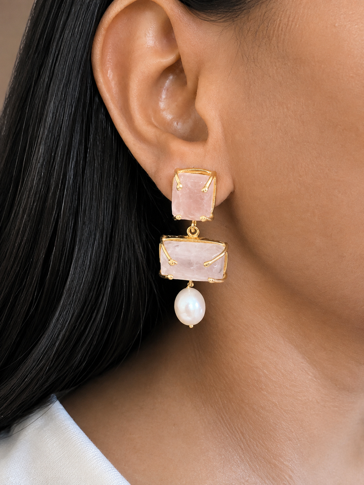 Rose Quartz Pearl Earrings – Gold Plated Brass, Dangle Drop