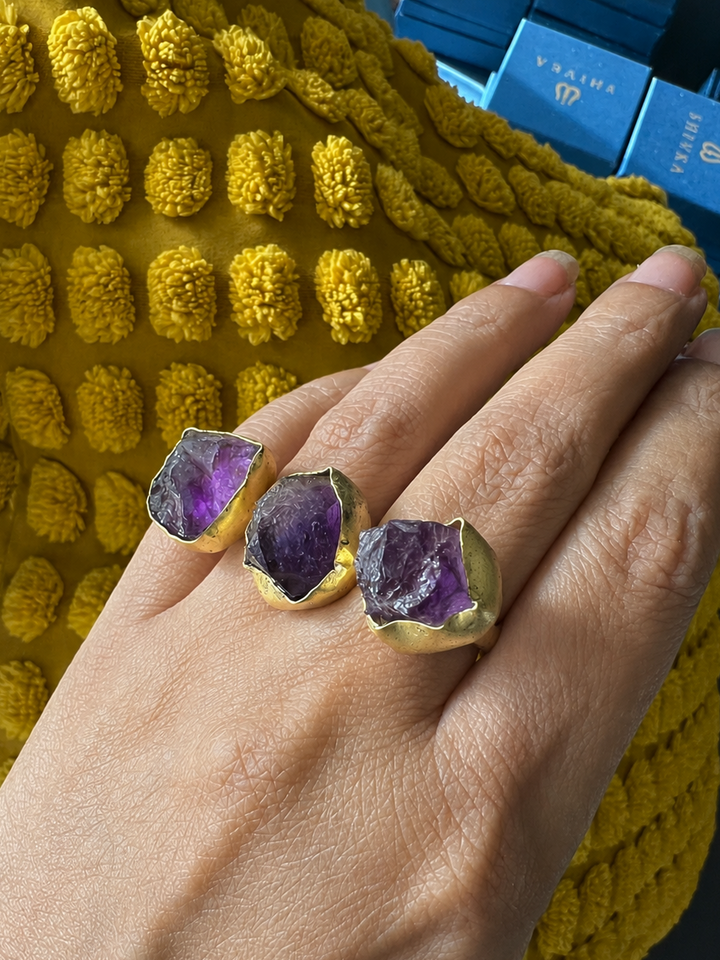 Double Finger Amethyst Ring | Adjustable Gold Polish Statement