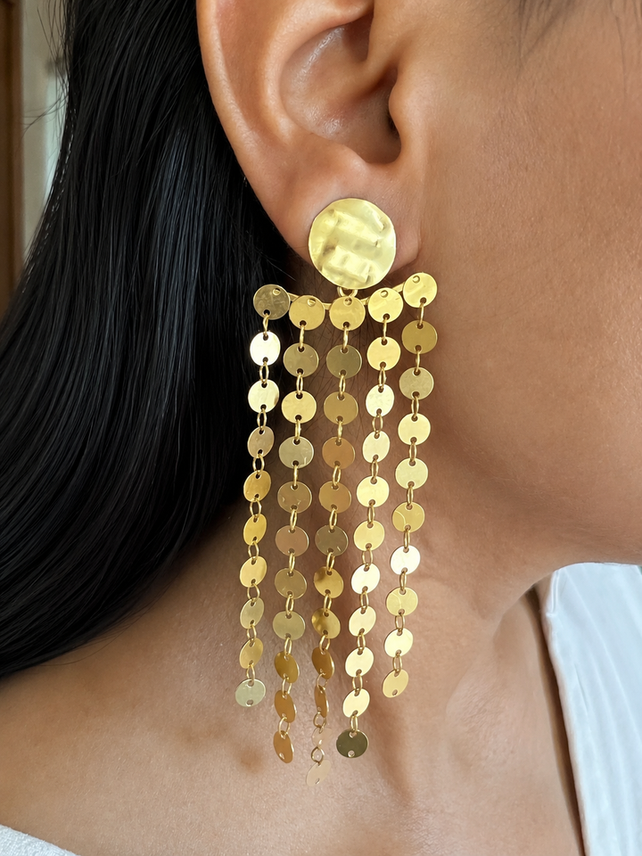 Statement Brass Dangler Earrings - Textured Gold Discs, Artisan Crafted