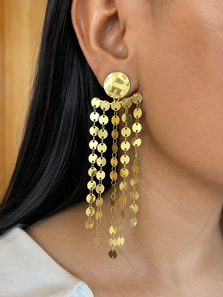 Statement Brass Dangler Earrings - Textured Gold Discs, Artisan Crafted
