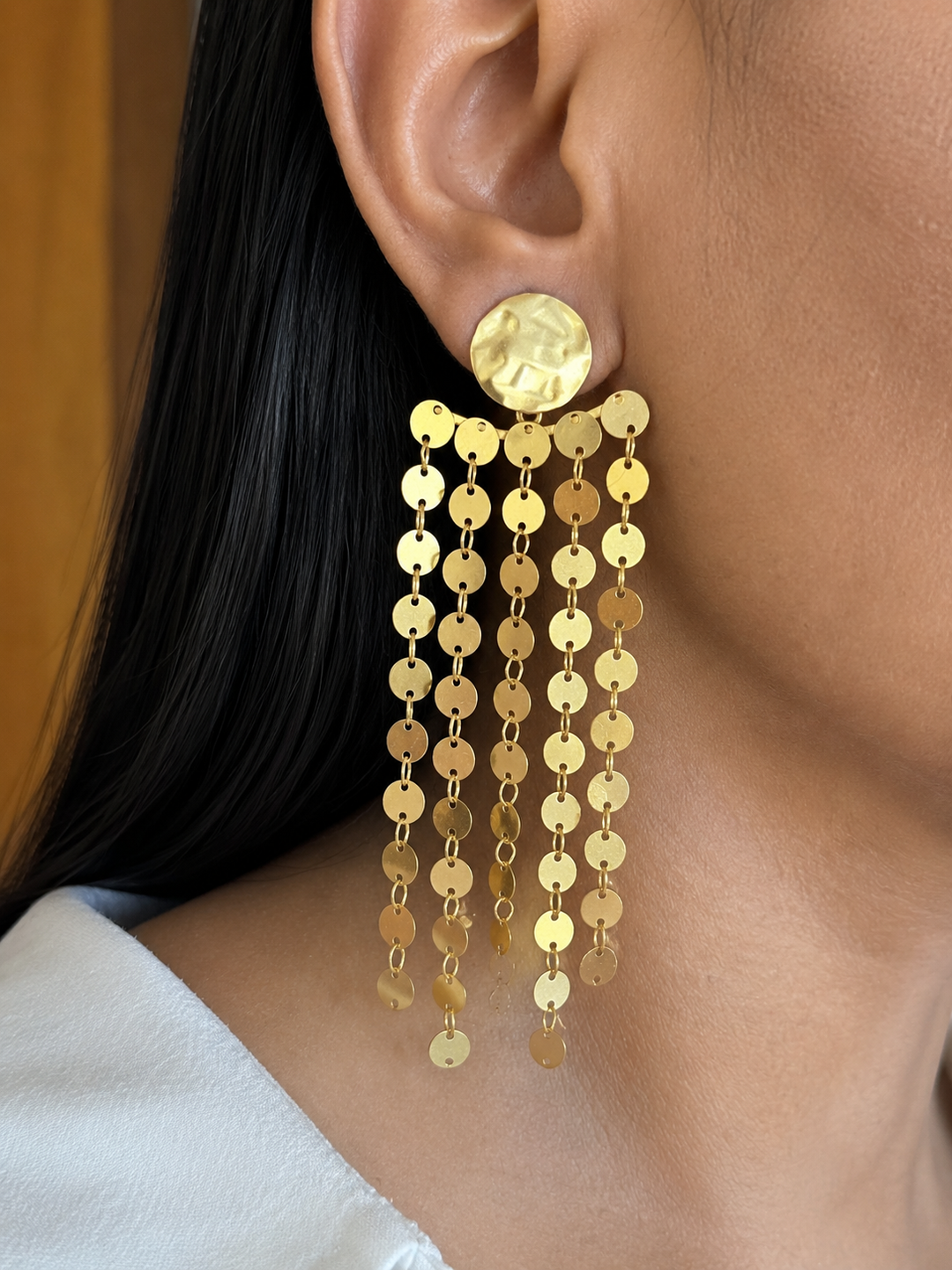 Statement Brass Dangler Earrings - Textured Gold Discs, Artisan Crafted