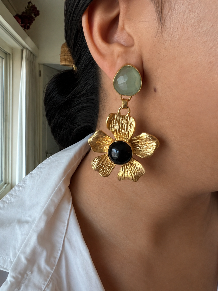 Onyx and Chalcedony Flower Design Earrings
