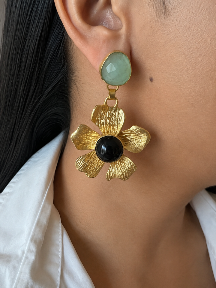 Onyx and Chalcedony Flower Design Earrings