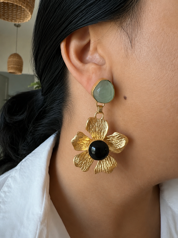 Onyx and Chalcedony Flower Design Earrings