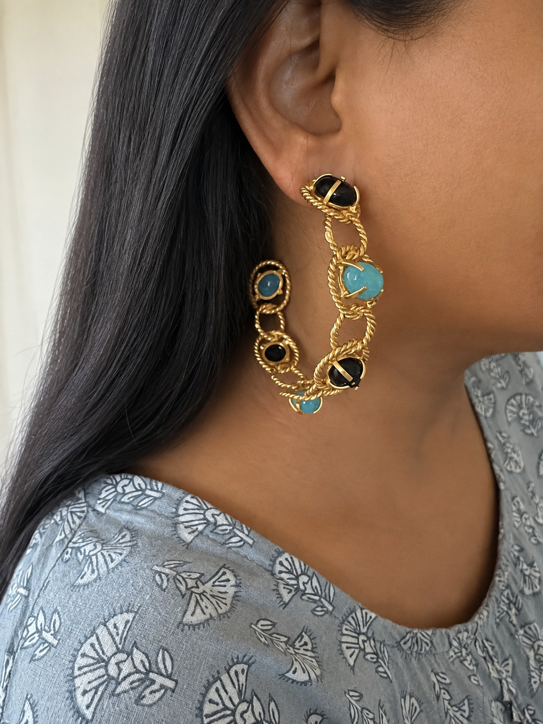 Designer Onyx and Chalcedony Hoops