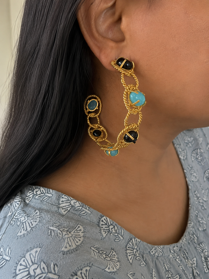 Designer Onyx and Chalcedony Hoops