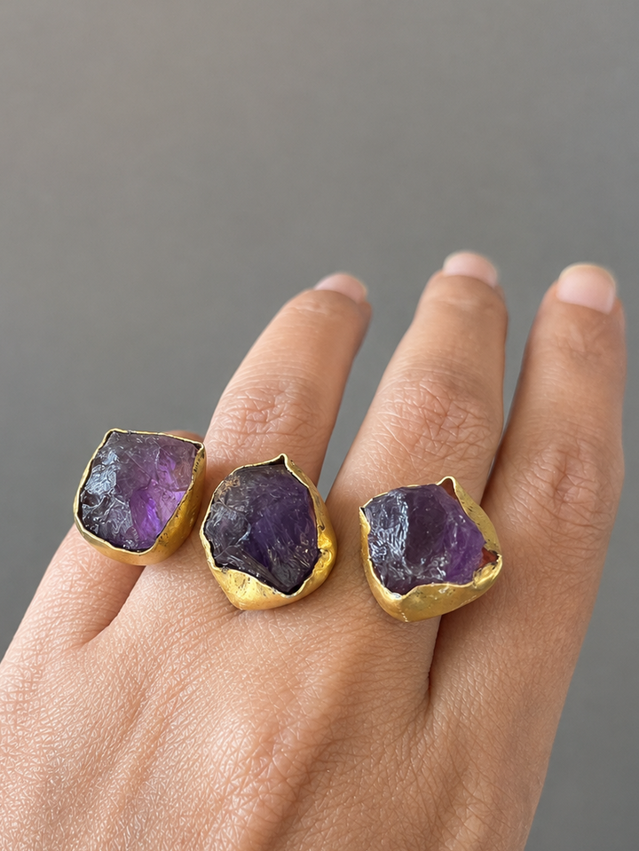 Double Finger Amethyst Ring | Adjustable Gold Polish Statement