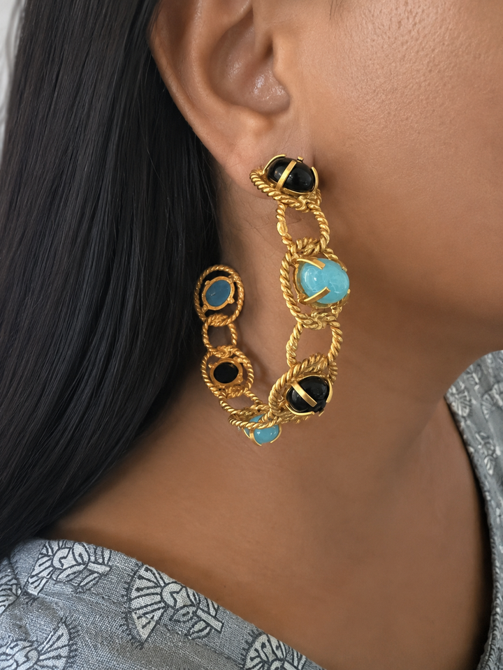 Designer Onyx and Chalcedony Hoops