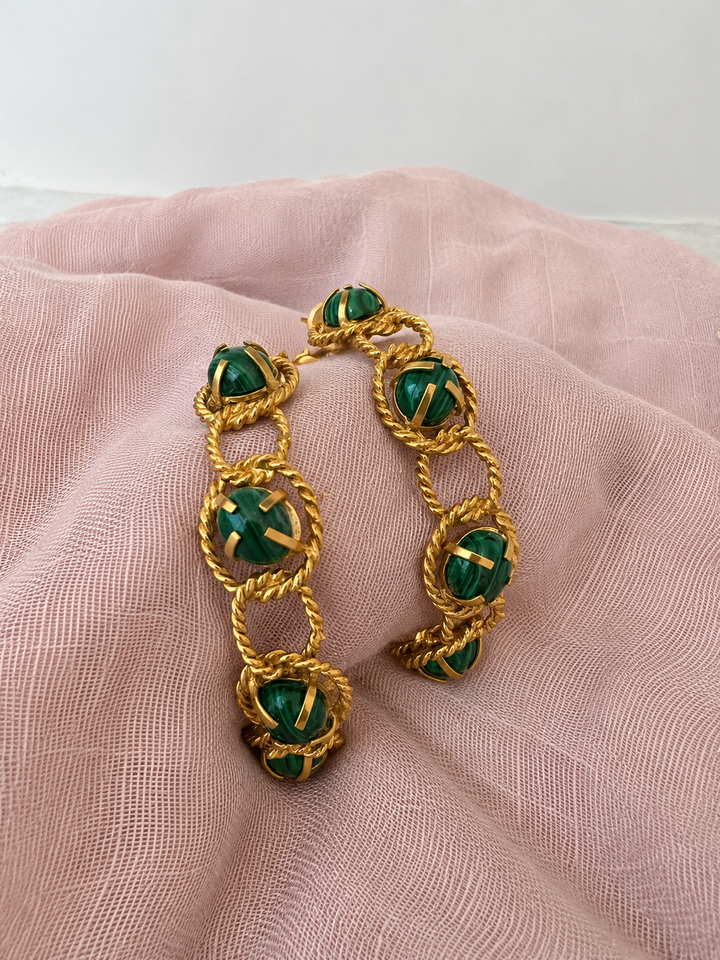 Handmade Malachite Hoop Earrings, Gold Plated Brass