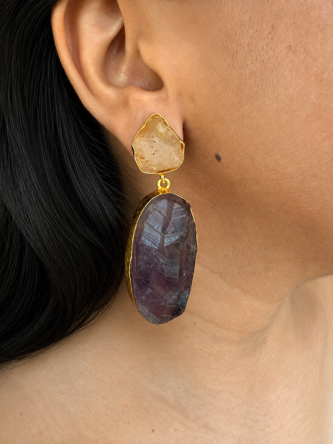 Handmade Brass Earrings with Natural Quartz and Amethyst Gemstones | Modern Gold Polish Statement Danglers by SHIVKA