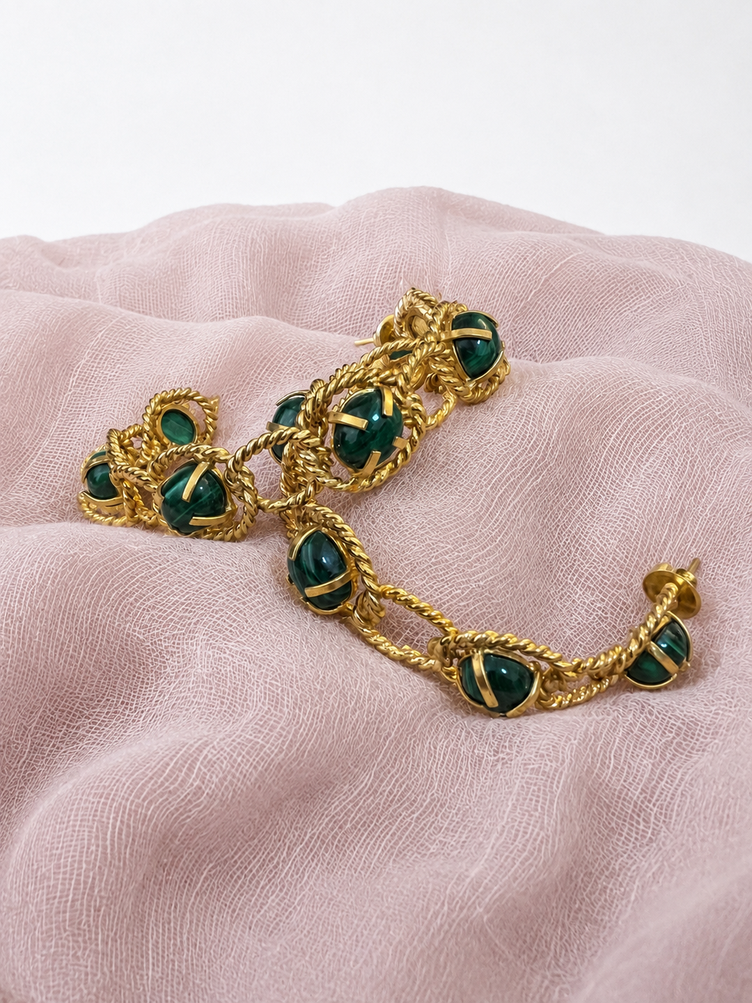 Handmade Malachite Hoop Earrings, Gold Plated Brass