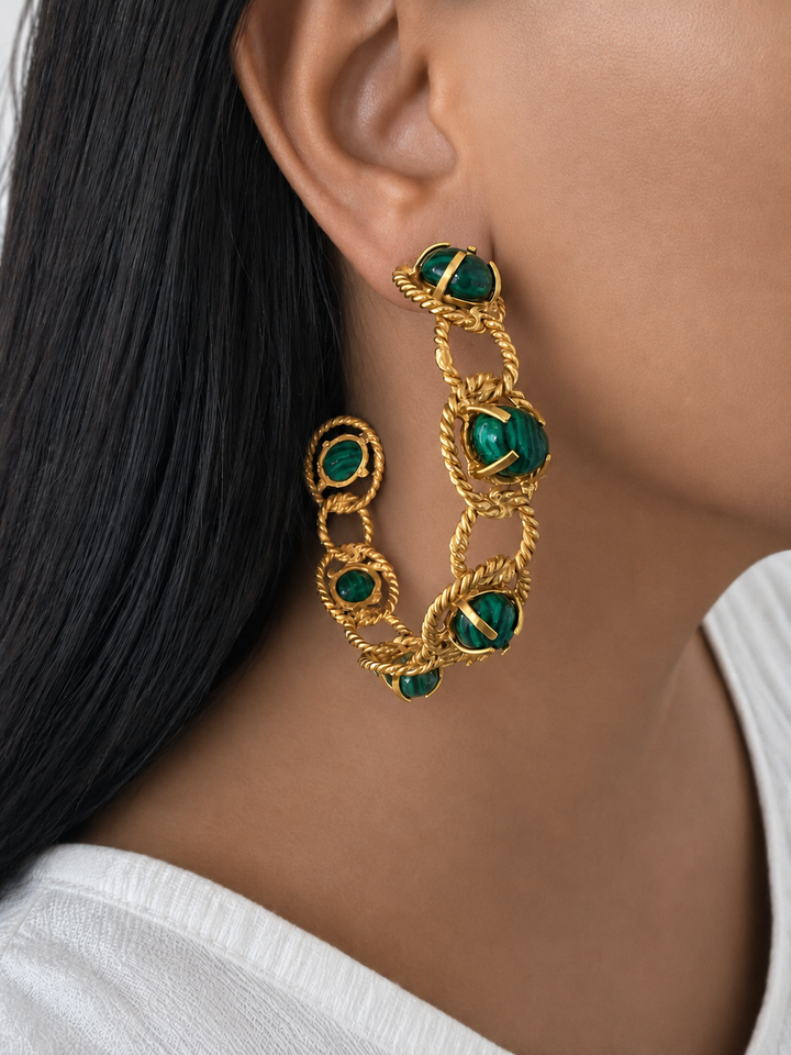 Handmade Malachite Hoop Earrings, Gold Plated Brass