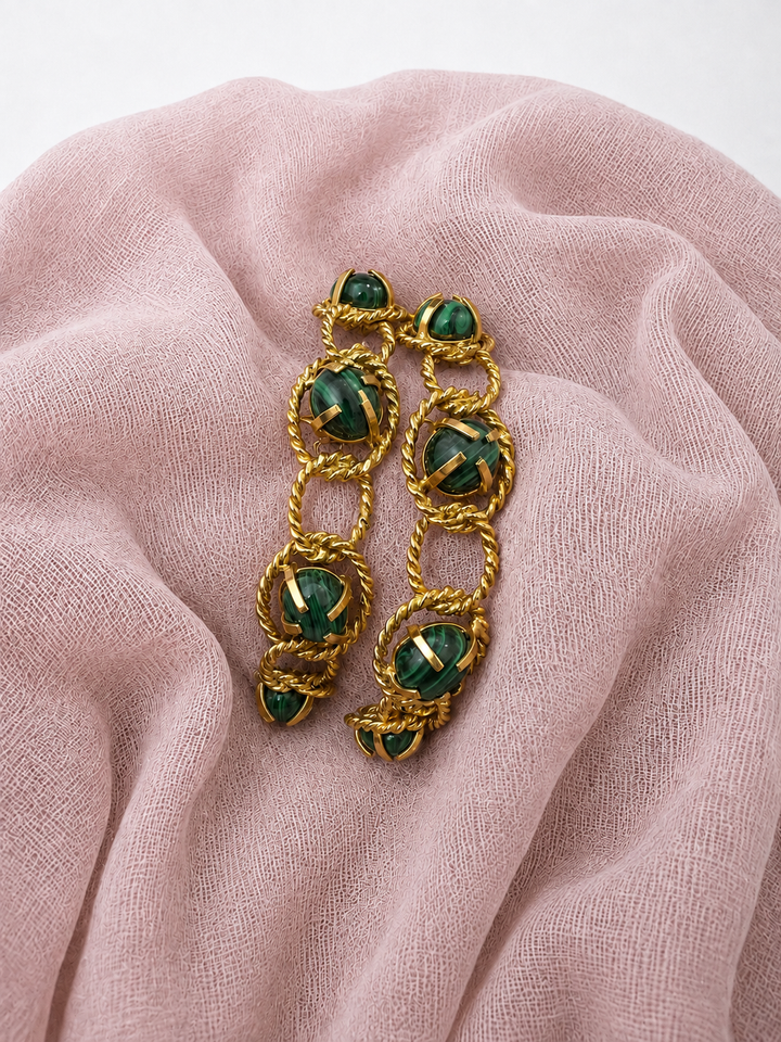 Handmade Malachite Hoop Earrings, Gold Plated Brass