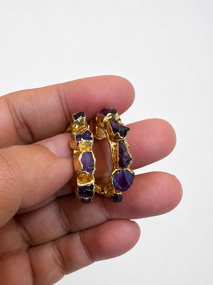 Raw Amethyst Gold Hoop Earrings