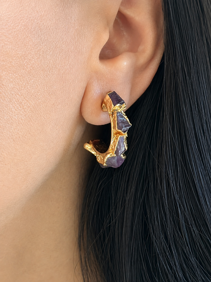 Raw Amethyst Gold Hoop Earrings