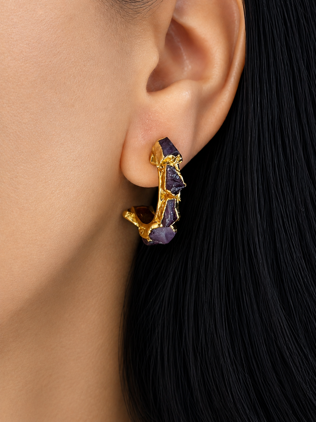 Raw Amethyst Gold Hoop Earrings