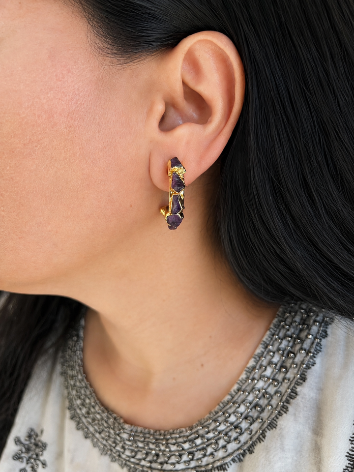 Raw Amethyst Gold Hoop Earrings