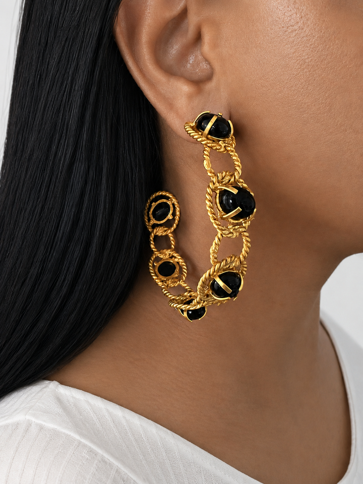 Handmade Gold Plated Onyx Hoop Earrings - Jaipur Crafted