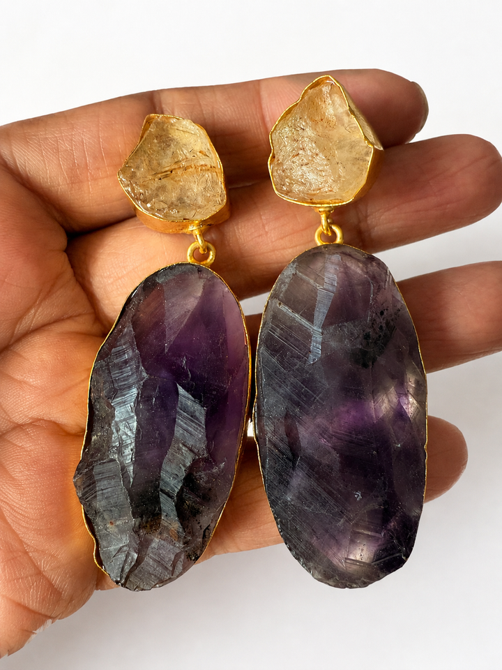 Handmade Brass Earrings with Natural Quartz and Amethyst Gemstones | Modern Gold Polish Statement Danglers by SHIVKA
