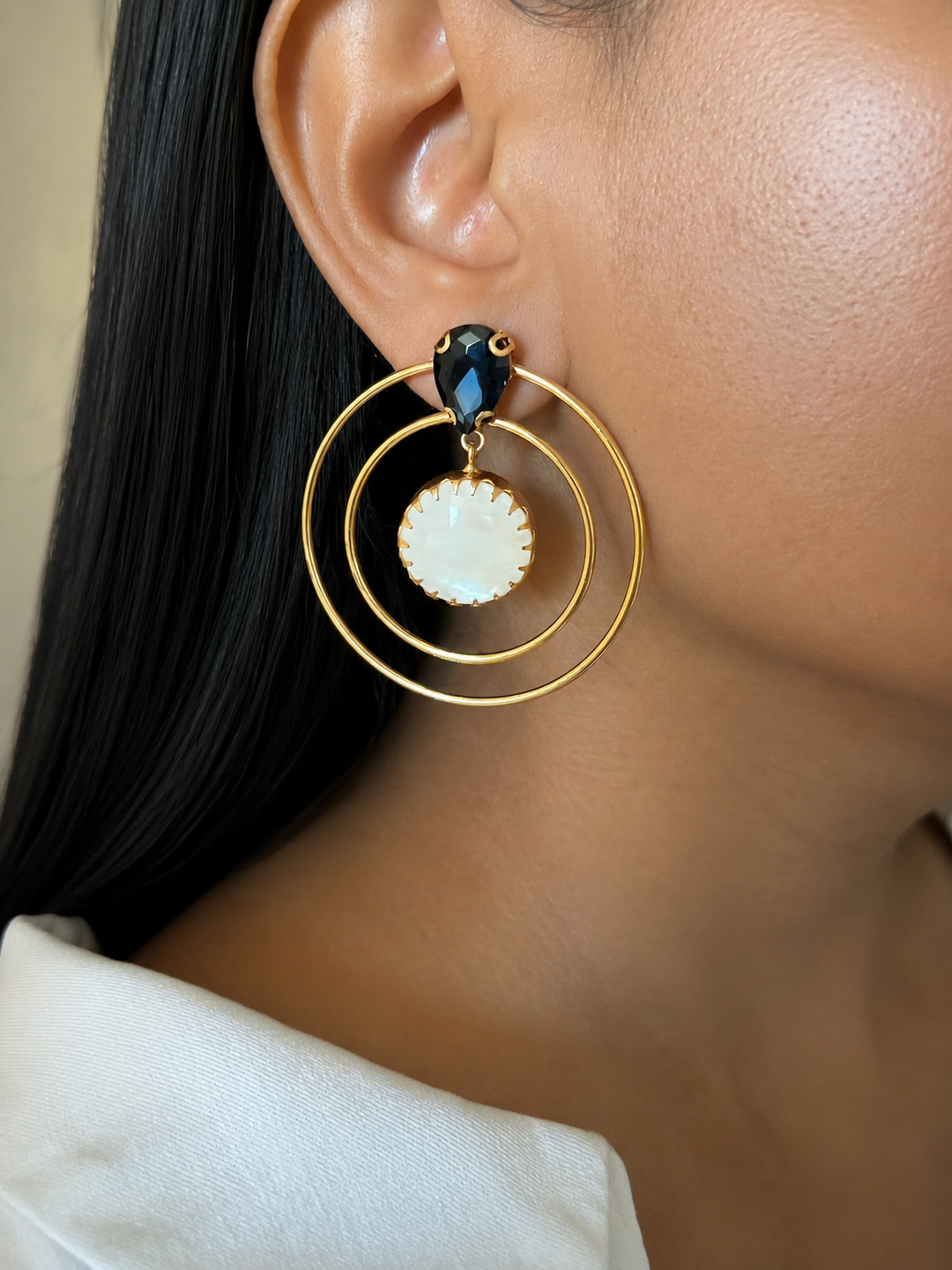 Gold Double Hoop Mother of Pearl Drop Earrings, Boho Celestial Statement Jewelry