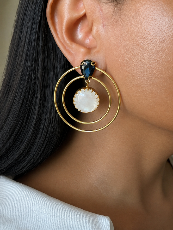 Gold Double Hoop Mother of Pearl Drop Earrings, Boho Celestial Statement Jewelry