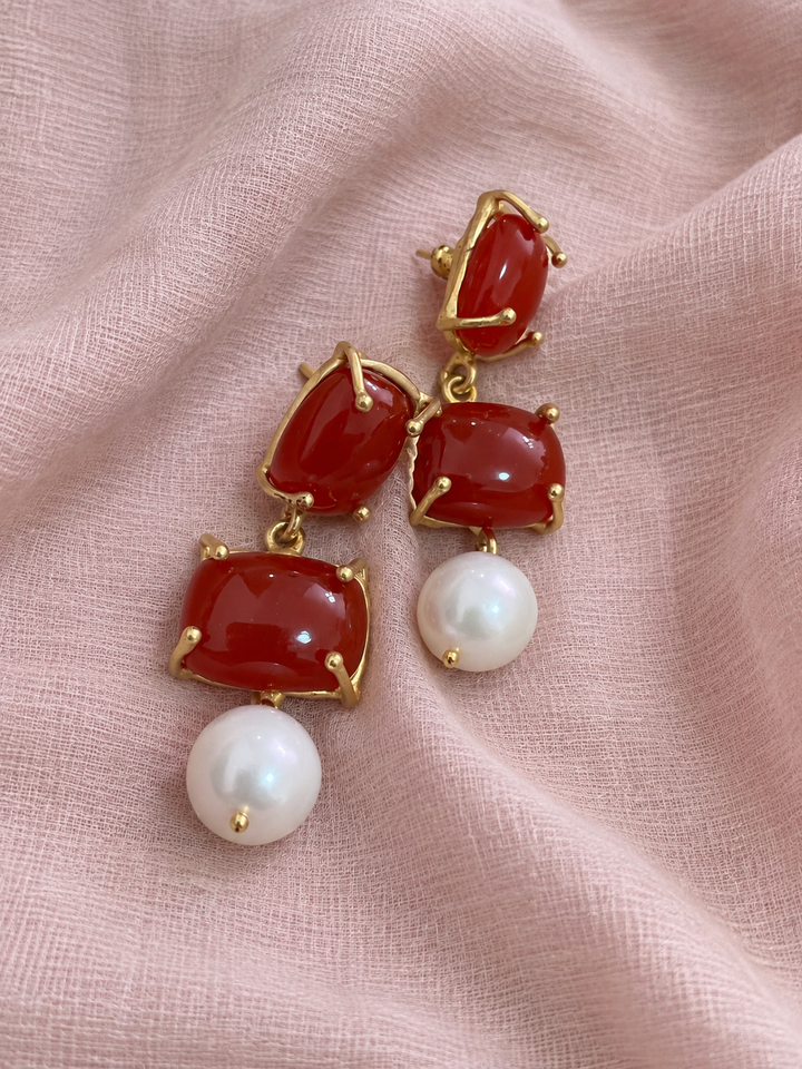 Red Carnelian Drop Earrings with Pearl