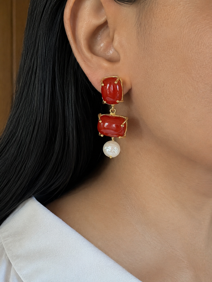 Red Carnelian Drop Earrings with Pearl